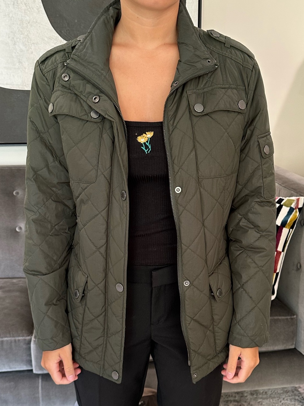 Quilted Military-Inspired Women's Jacket - Olive Petite small